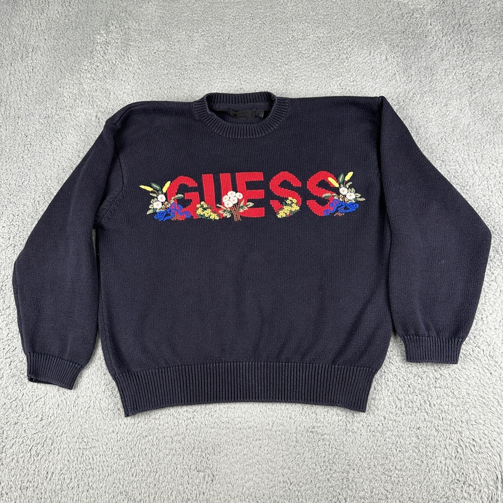 Vintage Guess Sweater Adult Medium Black Spell Out Flowers Embroidred 90s